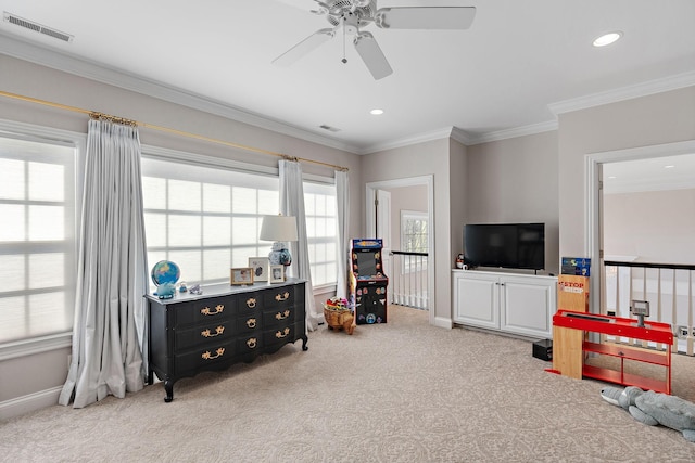 4 Colonel Winstead Dr, Brentwood, TN 37027 - recreation room featuring recessed lighting, visible vents, a ceiling fan, crown molding, and carpet flooring