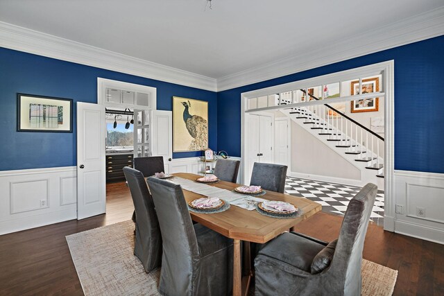 4 Colonel Winstead Dr, Brentwood, TN 37027 - dining room featuring wainscoting, wood finished floors, ornamental molding, and stairway