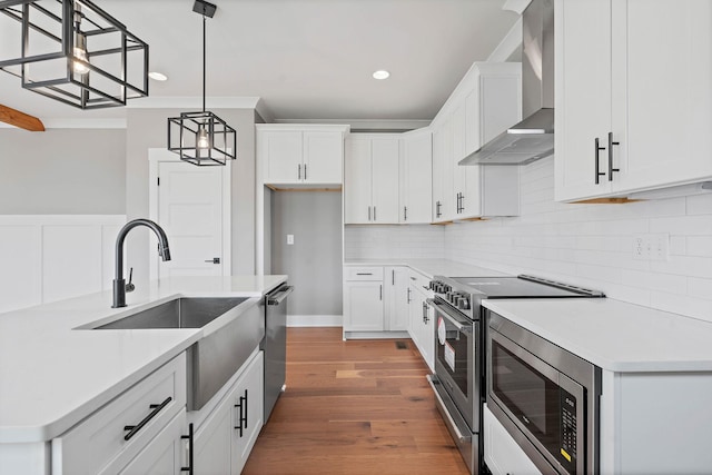 kitchen with wood finished floors, stainless steel appliances, wall chimney exhaust hood, a sink, and backsplash