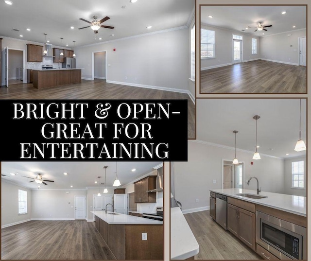 kitchen featuring appliances with stainless steel finishes, open floor plan, ceiling fan, and a sink