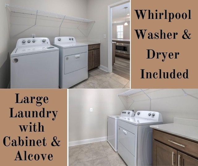 washroom featuring washing machine and dryer and cabinet space