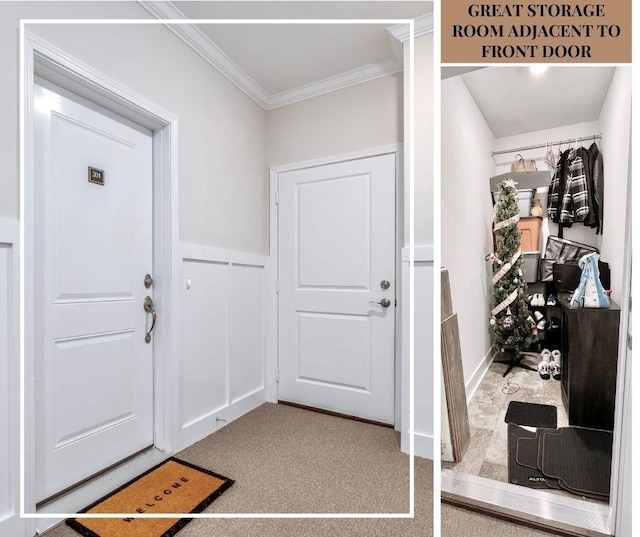entrance foyer featuring a wainscoted wall, a decorative wall, crown molding, and carpet floors