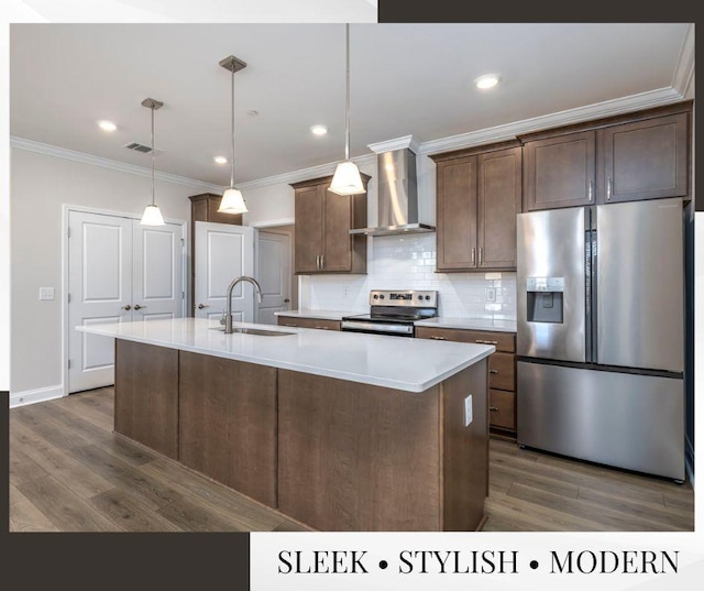 kitchen with a sink, stainless steel appliances, dark wood-type flooring, visible vents, and wall chimney range hood