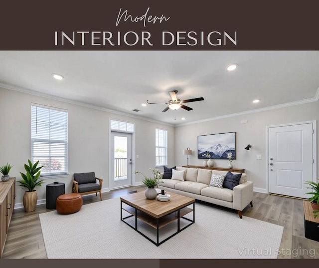 832 Goswell Dr Unit 201, Nolensville, TN 37135 - living room with recessed lighting, ornamental molding, baseboards, ceiling fan, and wood finished floors
