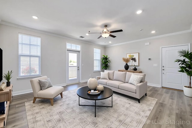 832 Goswell Dr Unit 201, Nolensville, TN 37135 - living room featuring light wood-type flooring, a ceiling fan, baseboards, crown molding, and recessed lighting
