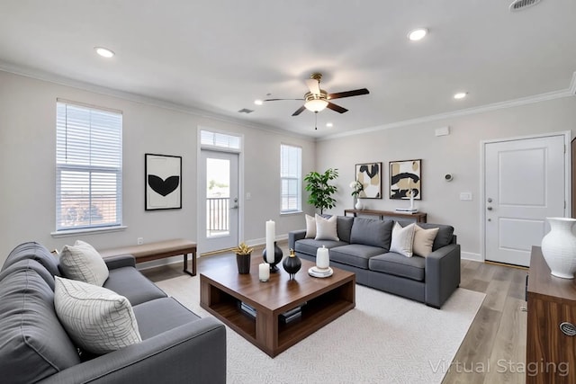 832 Goswell Dr Unit 201, Nolensville, TN 37135 - living room featuring crown molding, a ceiling fan, light wood finished floors, recessed lighting, and baseboards