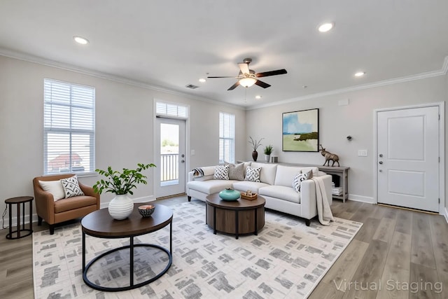 832 Goswell Dr Unit 201, Nolensville, TN 37135 - living room with baseboards, ceiling fan, light wood-type flooring, ornamental molding, and recessed lighting