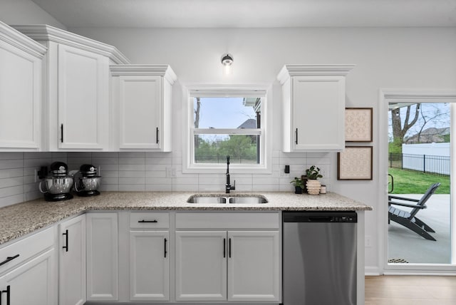 221 Wesson Dr, Clarksville, TN 37043 - kitchen featuring white cabinetry, backsplash, a sink, light stone counters, and dishwasher