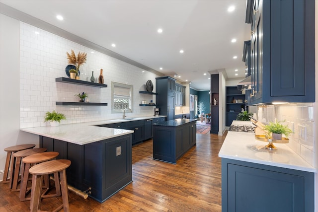 924 Gilmore Ave, Nashville, TN 37204 - kitchen featuring a sink, open shelves, a peninsula, and dark wood finished floors