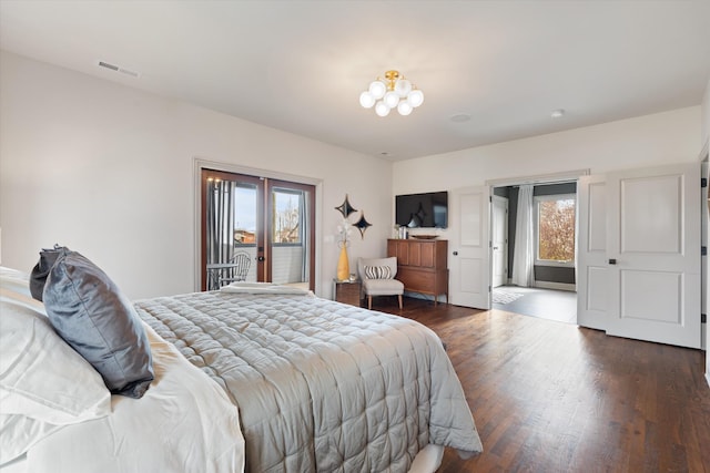 924 Gilmore Ave, Nashville, TN 37204 - bedroom with french doors, dark wood-style flooring, access to exterior, and visible vents