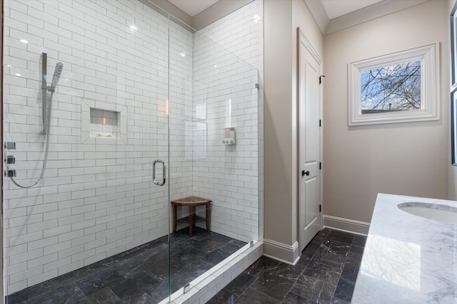 924 Gilmore Ave, Nashville, TN 37204 - full bath with baseboards, marble finish floor, a sink, and a shower stall