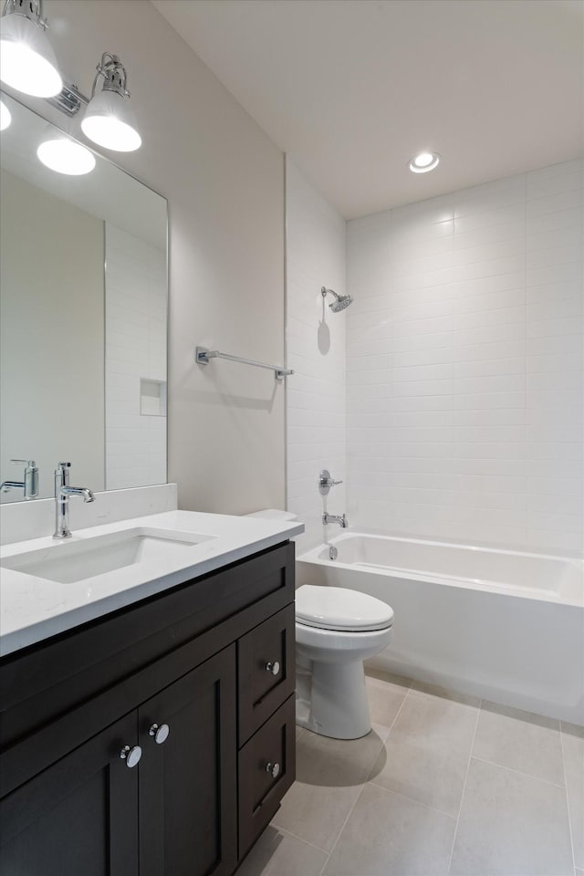 full bath featuring vanity, toilet, shower / bathtub combination, tile patterned flooring, and visible vents