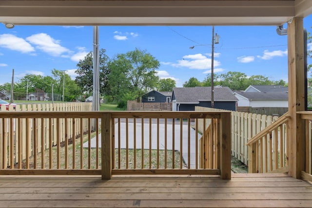 wooden terrace with a fenced backyard and a residential view