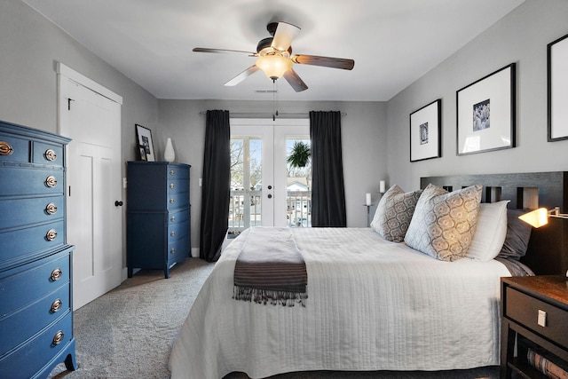 bedroom with access to exterior, french doors, a ceiling fan, and carpet