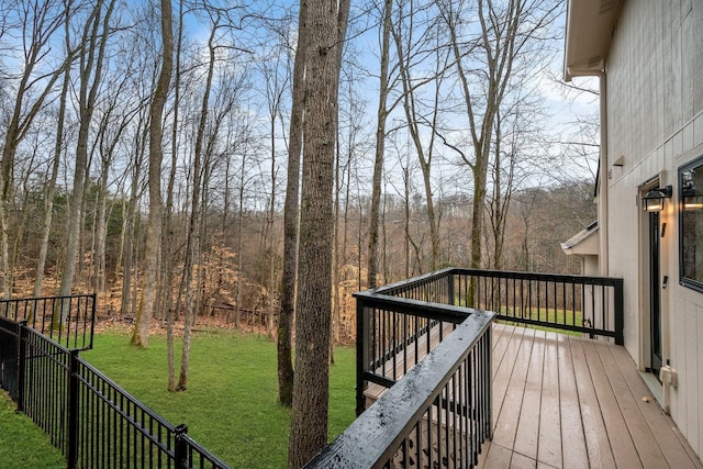 deck with a forest view, fence, and a lawn