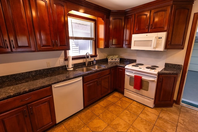 251 Sailboat Dr, Nashville, TN 37217 - kitchen with white appliances, a sink, light tile patterned flooring, and reddish brown cabinets