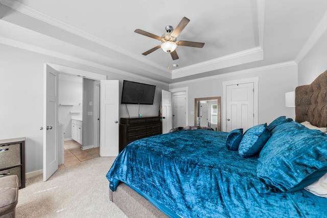 2037 Hamilton Hill Dr, Antioch, TN 37013 - bedroom with a ceiling fan, crown molding, a raised ceiling, light colored carpet, and baseboards