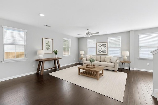 2037 Hamilton Hill Dr, Antioch, TN 37013 - living room with ceiling fan, baseboards, dark wood-type flooring, visible vents, and recessed lighting