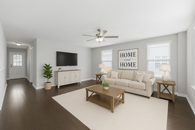 2037 Hamilton Hill Dr, Antioch, TN 37013 - living area with a ceiling fan, baseboards, and dark wood-style floors