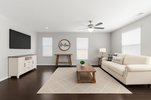 2037 Hamilton Hill Dr, Antioch, TN 37013 - living area featuring visible vents, baseboards, recessed lighting, a ceiling fan, and wood finished floors