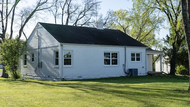 259 W End Hts, Lebanon, TN 37087 - rear view of house featuring crawl space, a chimney, a lawn, central AC unit, and brick siding