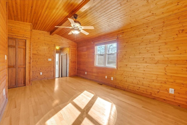 spare room featuring lofted ceiling with beams, wooden ceiling, wooden walls, a ceiling fan, and wood finished floors