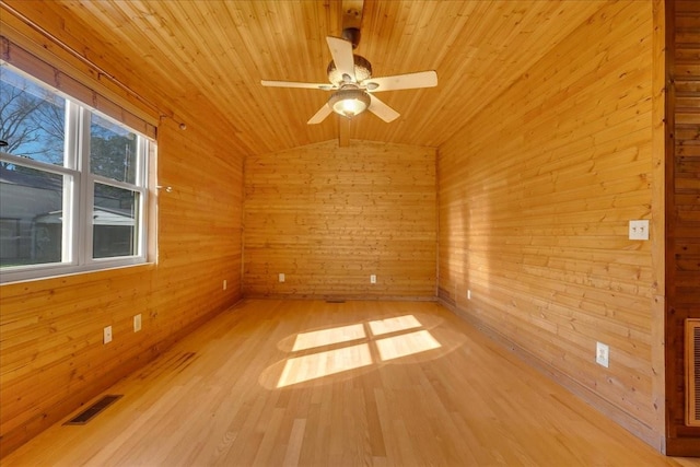 empty room featuring lofted ceiling, visible vents, wood ceiling, and wood finished floors