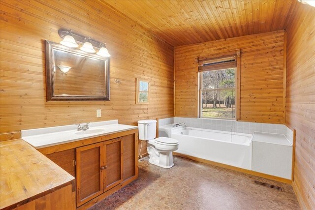full bath featuring a garden tub, visible vents, toilet, and wooden walls