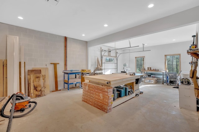 1017 Cliff View Dr N, Kingston Springs, TN 37082 - interior space with concrete flooring, visible vents, recessed lighting, a workshop area, and concrete block wall