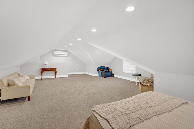 1017 Cliff View Dr N, Kingston Springs, TN 37082 - bedroom featuring an AC wall unit, baseboards, recessed lighting, carpet flooring, and lofted ceiling