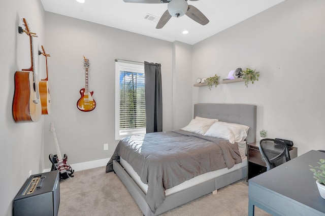 1017 Cliff View Dr N, Kingston Springs, TN 37082 - bedroom featuring baseboards, light carpet, recessed lighting, visible vents, and ceiling fan