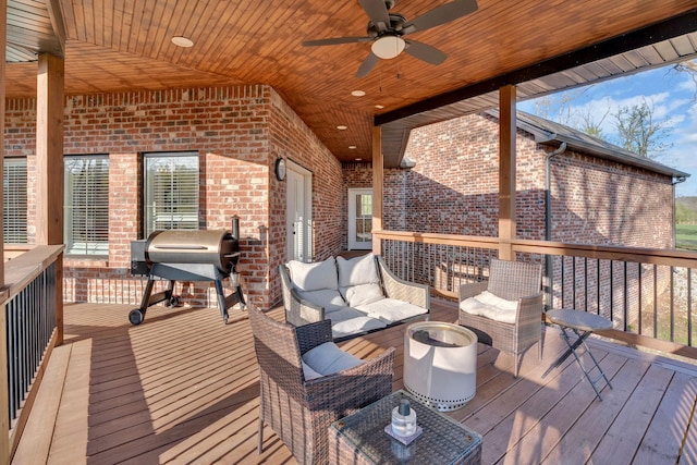 1017 Cliff View Dr N, Kingston Springs, TN 37082 - deck with outdoor lounge area, a ceiling fan, and area for grilling