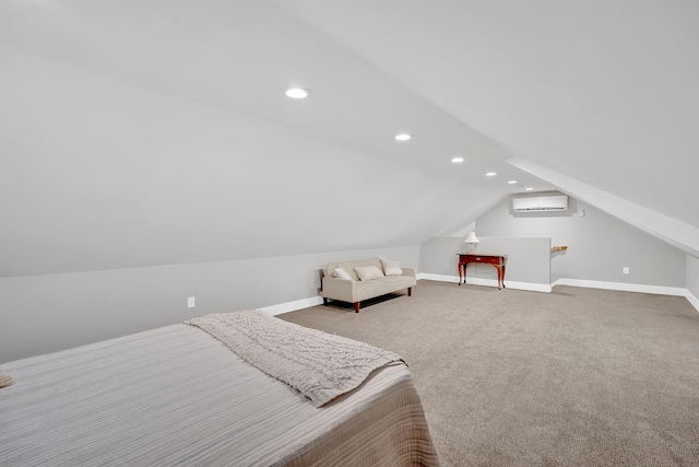 1017 Cliff View Dr N, Kingston Springs, TN 37082 - bedroom featuring baseboards, an AC wall unit, carpet, and lofted ceiling