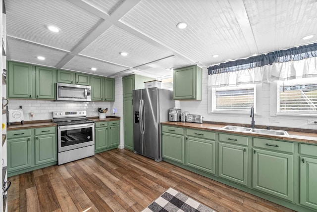 kitchen with wood counters, stainless steel appliances, dark wood-type flooring, and a sink