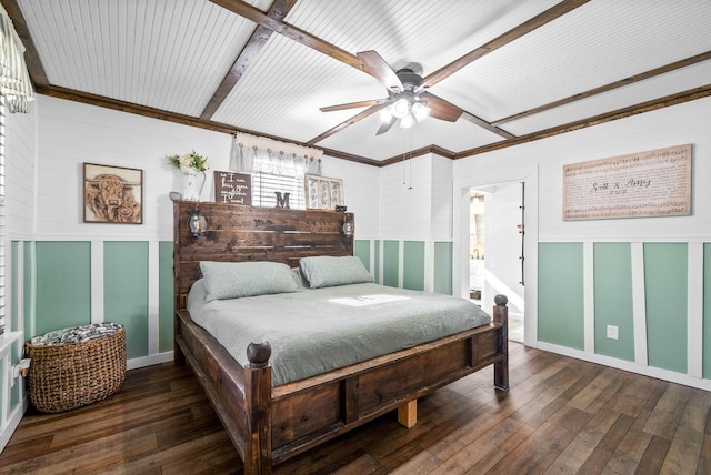 bedroom featuring a ceiling fan, beam ceiling, and wood-type flooring