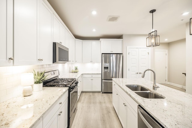 kitchen featuring tasteful backsplash, stainless steel appliances, a sink, light wood finished floors, and white cabinets