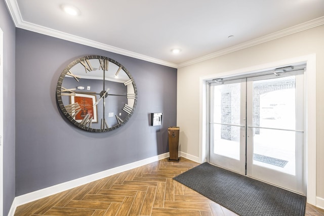 entryway with baseboards, french doors, and crown molding