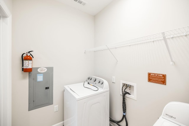 clothes washing area featuring visible vents, washer / dryer, laundry area, and electric panel