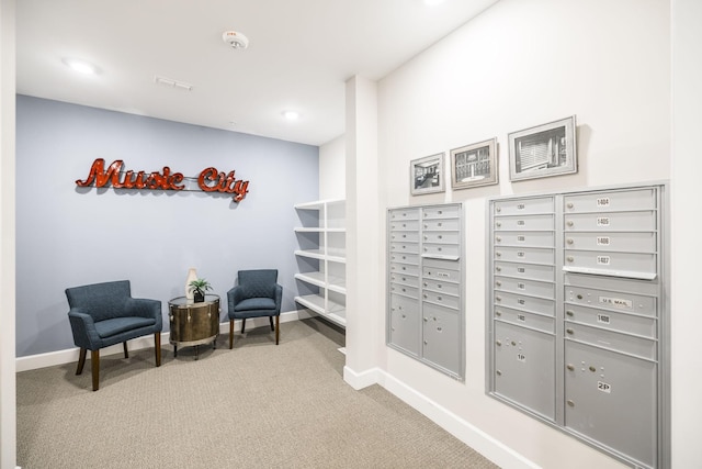 sitting room with recessed lighting, baseboards, carpet floors, visible vents, and mail area