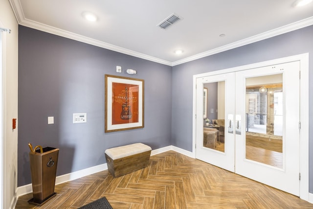doorway with french doors, ornamental molding, baseboards, and visible vents