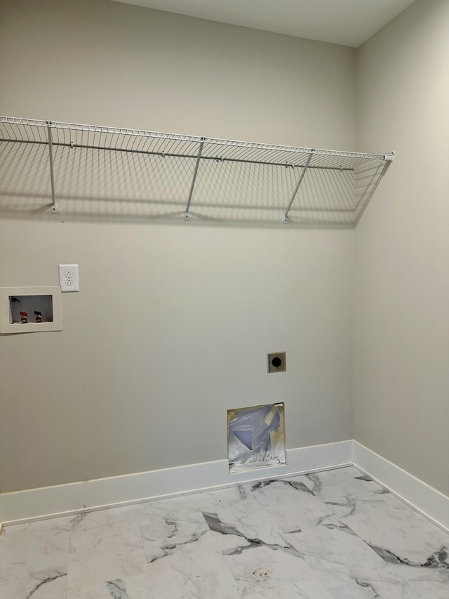 laundry area with marble finish floor, baseboards, hookup for an electric dryer, and laundry area