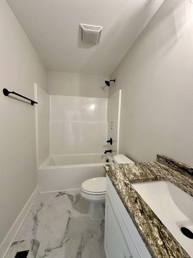 bathroom featuring visible vents, marble finish floor, toilet, vanity, and shower / tub combination