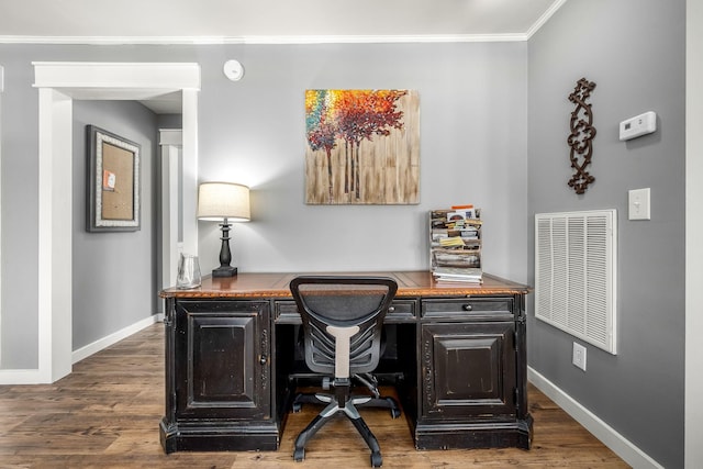 1036 Locke Creek Rd, Readyville, TN 37149 - office area with baseboards, ornamental molding, visible vents, and dark wood finished floors