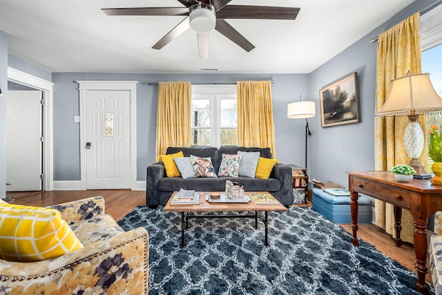 1036 Locke Creek Rd, Readyville, TN 37149 - living room featuring wood finished floors, baseboards, and ceiling fan