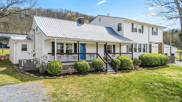 1036 Locke Creek Rd, Readyville, TN 37149 - view of front of property featuring a front yard, a chimney, metal roof, a porch, and central AC