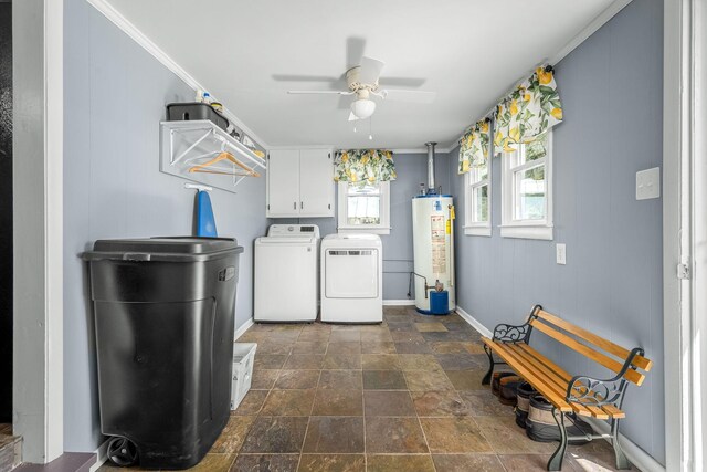 1036 Locke Creek Rd, Readyville, TN 37149 - laundry area featuring stone finish flooring, separate washer and dryer, gas water heater, cabinet space, and ceiling fan