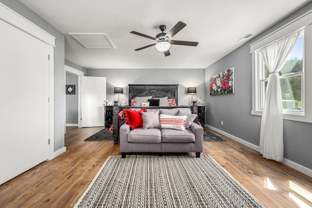 1036 Locke Creek Rd, Readyville, TN 37149 - bedroom with attic access, baseboards, wood finished floors, and a ceiling fan
