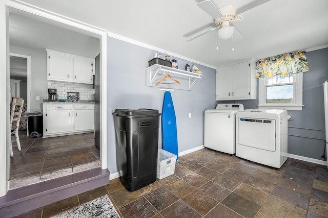 1036 Locke Creek Rd, Readyville, TN 37149 - washroom with washing machine and dryer, ceiling fan, ornamental molding, and stone finish flooring