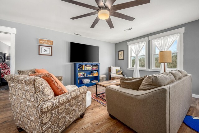 1036 Locke Creek Rd, Readyville, TN 37149 - living room featuring ceiling fan, visible vents, and wood finished floors