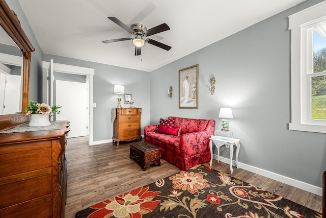 1036 Locke Creek Rd, Readyville, TN 37149 - sitting room featuring a ceiling fan, baseboards, and wood finished floors